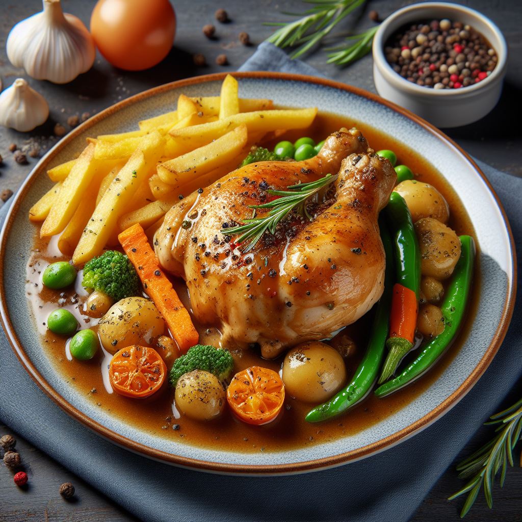 Roast chicken with gravy, fries, baby potatoes, peas, carrots, broccoli, and herbs on a plate.