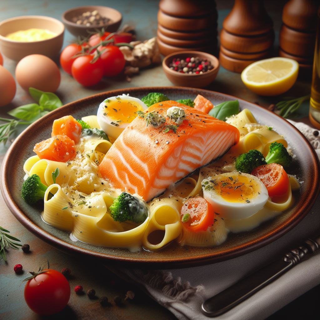 A plate of salmon with pasta, boiled eggs, broccoli, and carrots, surrounded by fresh ingredients.