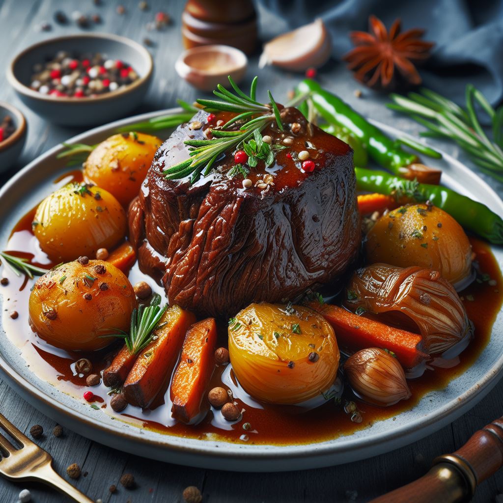 A plate of pot roast with carrots, onions, and herbs in rich sauce, garnished with rosemary and peppercorns.