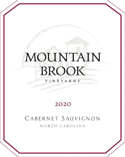 Mountain Brook Vineyards 2020 Cabernet Sauvignon wine label with a house and mountain outline in background.
