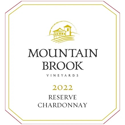 Wine label reading Mountain Brook Vineyards 2022 Reserve Chardonnay with a gold illustration of buildings.