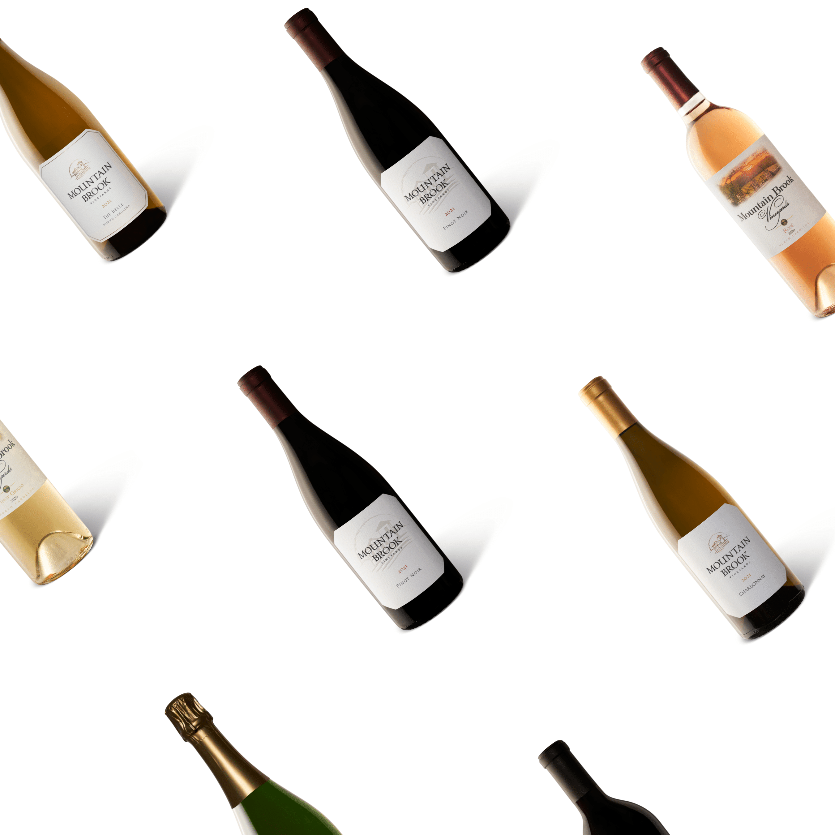 Assorted wine bottles of various types arranged diagonally on a white background.