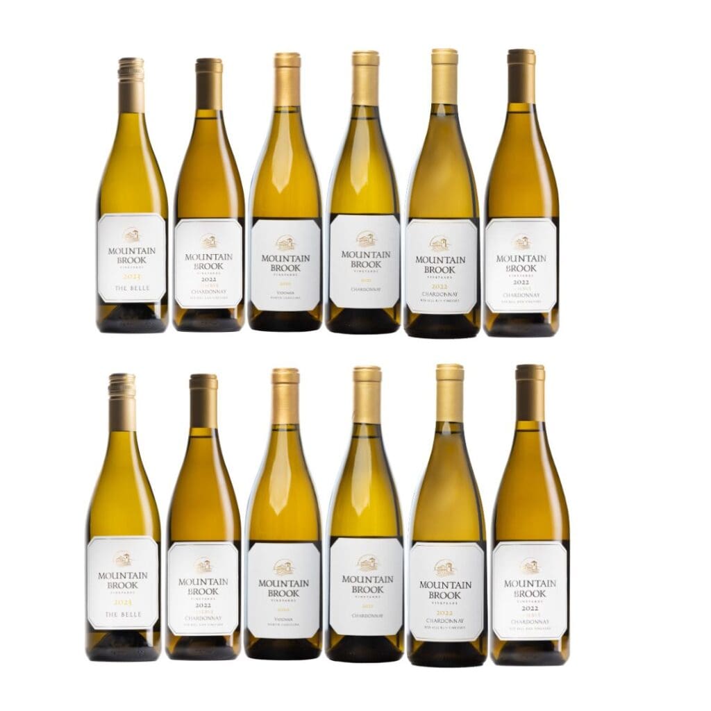 Twelve bottles of Mountain Brook wine arranged in two rows against a white background.