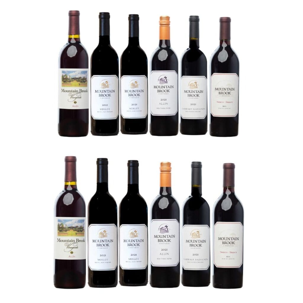 Twelve bottles of Mountain Brook wine arranged in two rows against a white background.