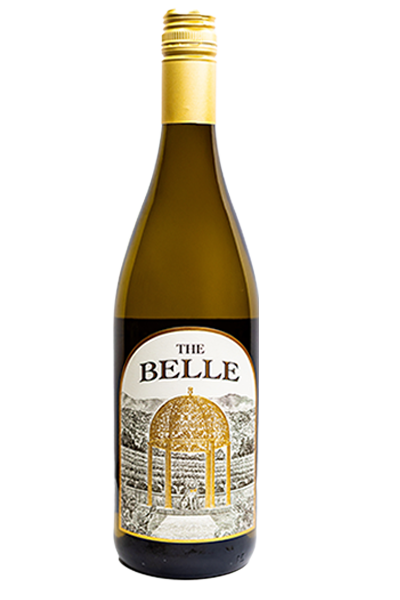 A bottle of The Belle white wine with a gold cap and a vineyard illustration on the label.