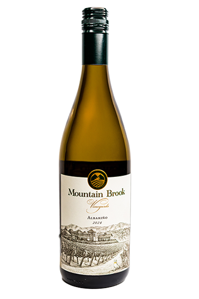 A bottle of Mountain Brook Vineyards Albariño 2021 wine with a vineyard illustration on the label.